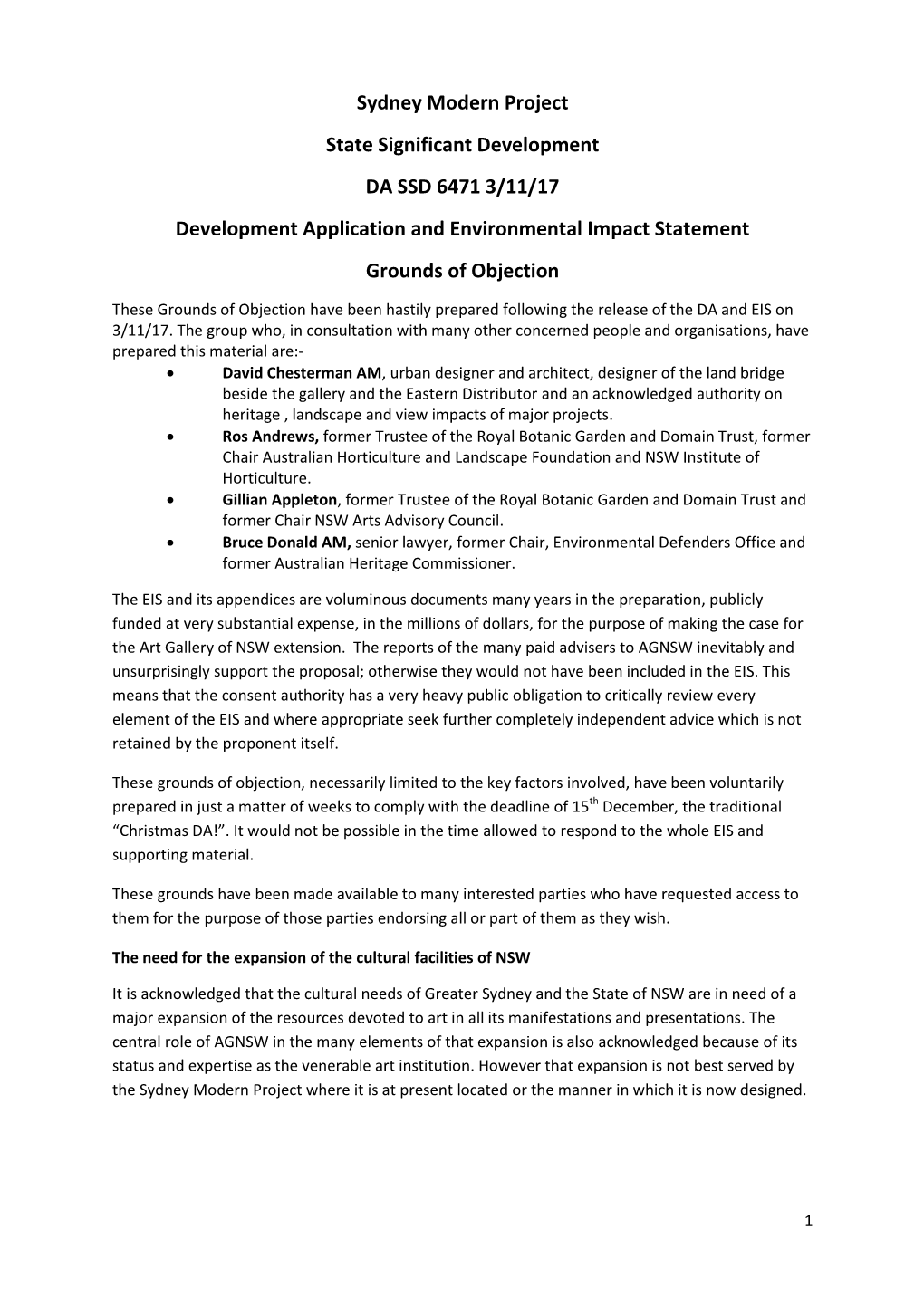 Sydney Modern Project State Significant Development DA SSD 6471 3/11/17 Development Application and Environmental Impact Statement Grounds of Objection