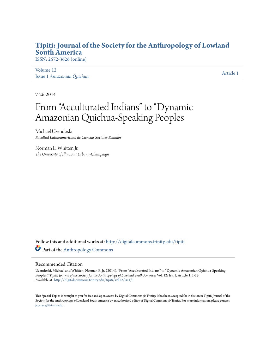 Dynamic Amazonian Quichua-Speaking Peoples Michael Uzendoski Facultad Latinoamericana De Ciencias Sociales-Ecuador