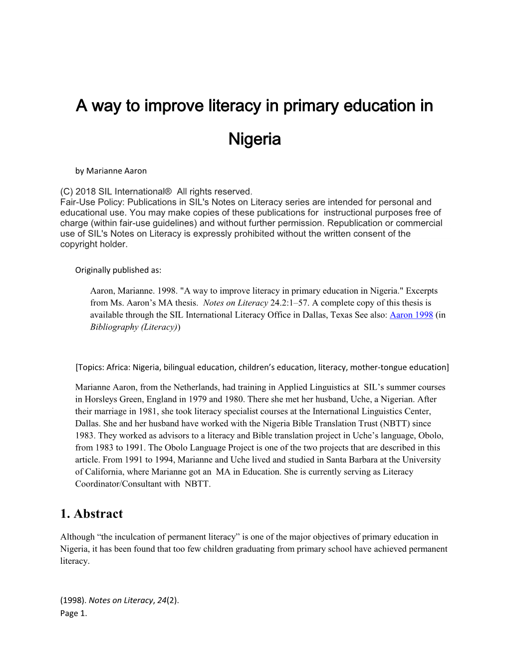 A Way to Improve Literacy in Primary Education in Nigeria." Excerpts from Ms