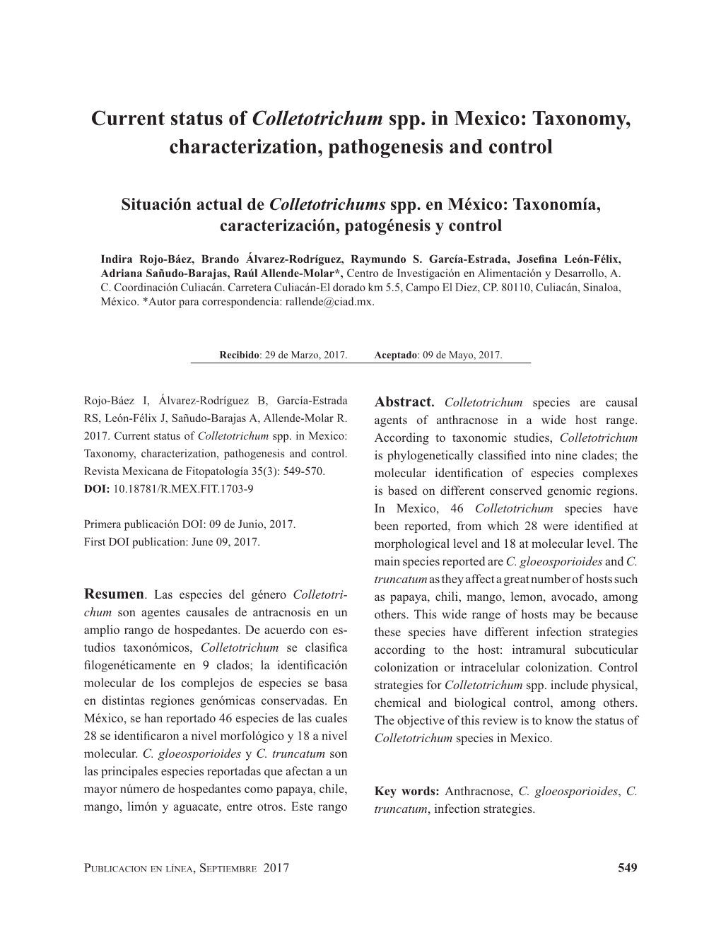 Current Status of Colletotrichum Spp. in Mexico: Taxonomy, Characterization, Pathogenesis and Control