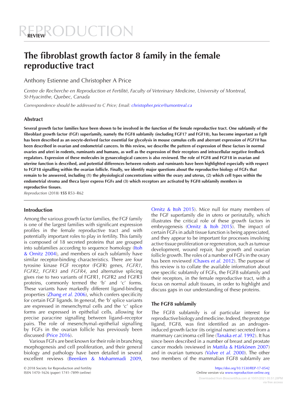 The Fibroblast Growth Factor 8 Family in the Female Reproductive Tract