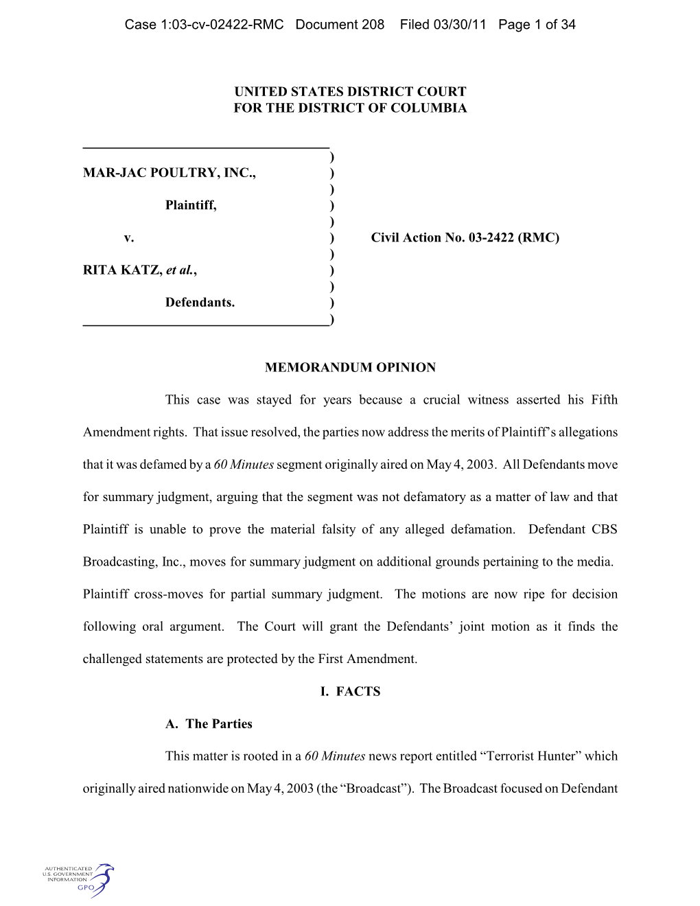 Case 1:03-Cv-02422-RMC Document 208 Filed 03/30/11 Page 1 of 34