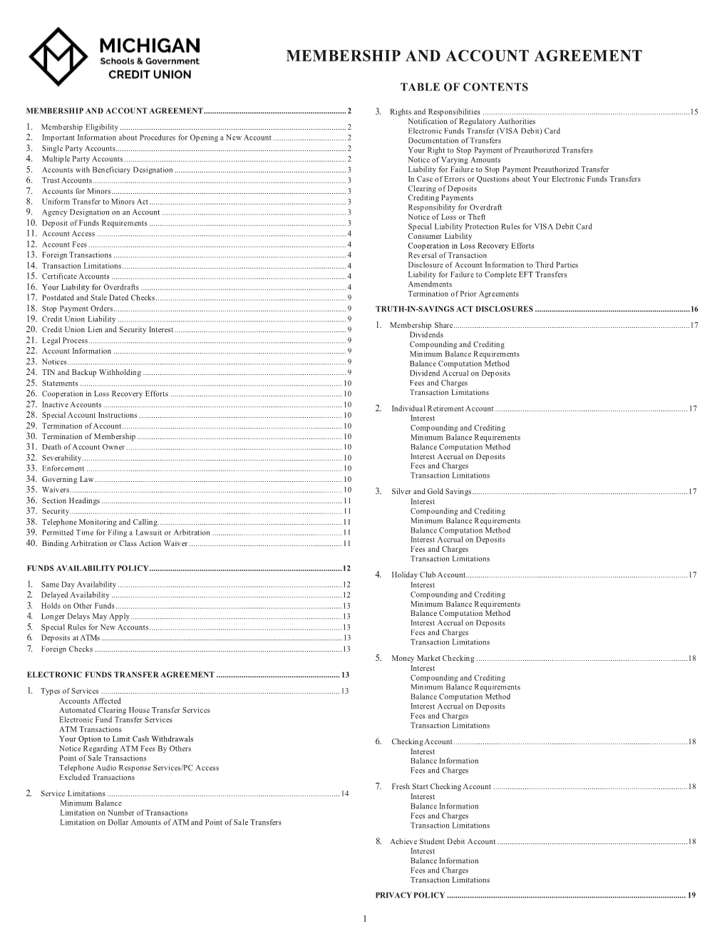 Membership and Account Agreement