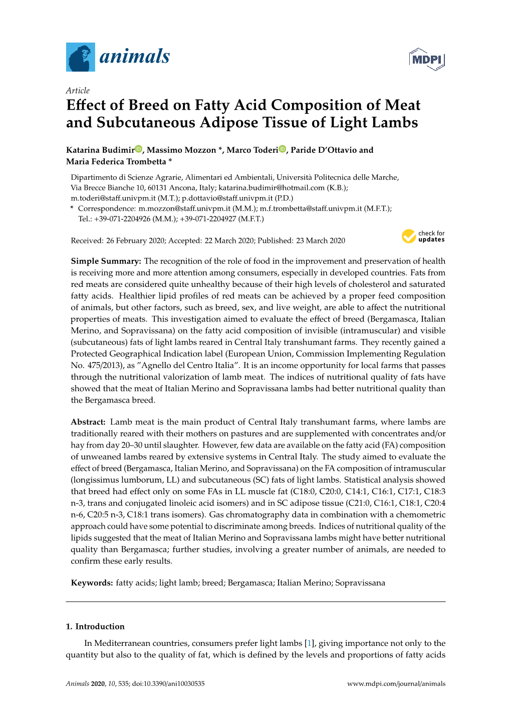 Effect of Breed on Fatty Acid Composition of Meat and Subcutaneous Adipose Tissue of Light Lambs
