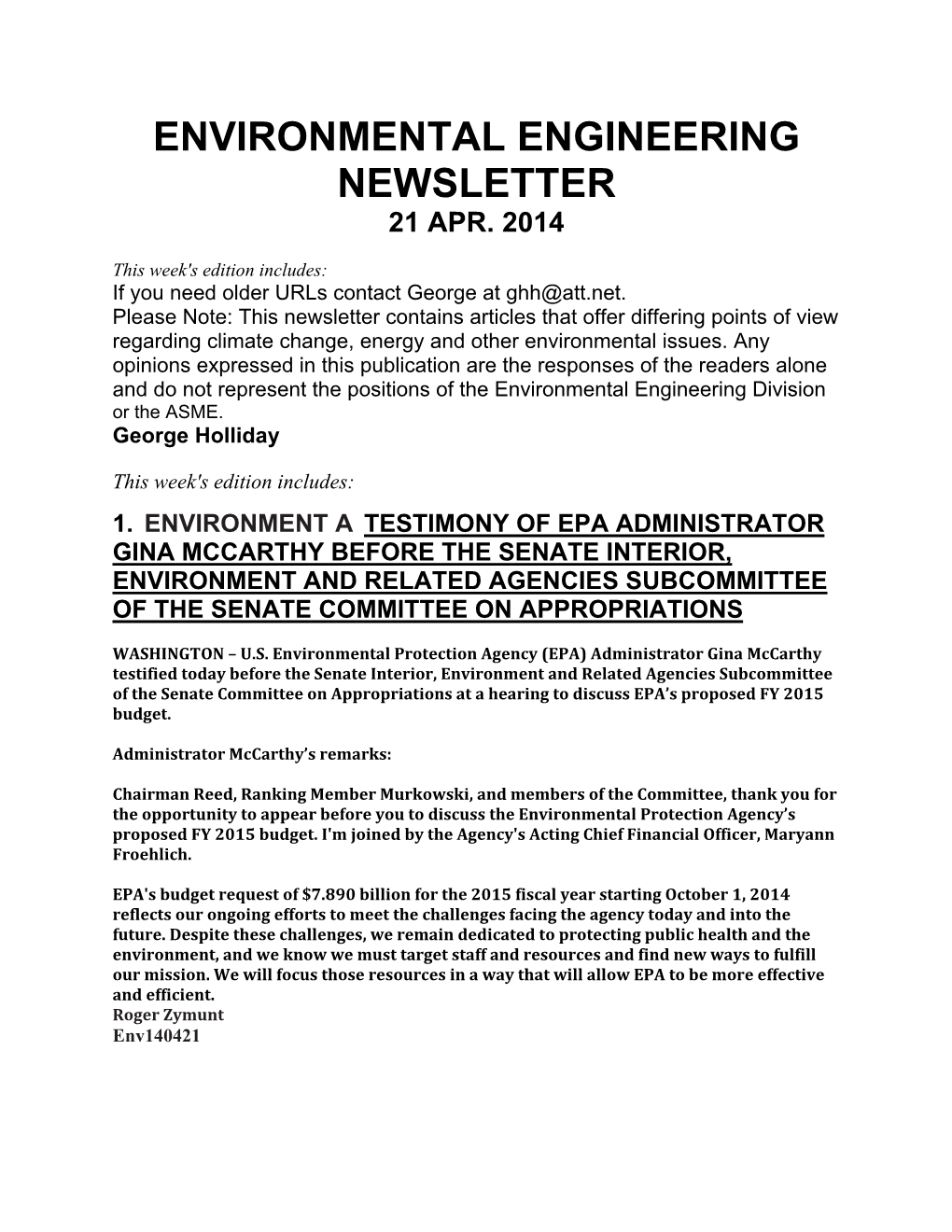 Environmental Engineering Newsletter 21 Apr
