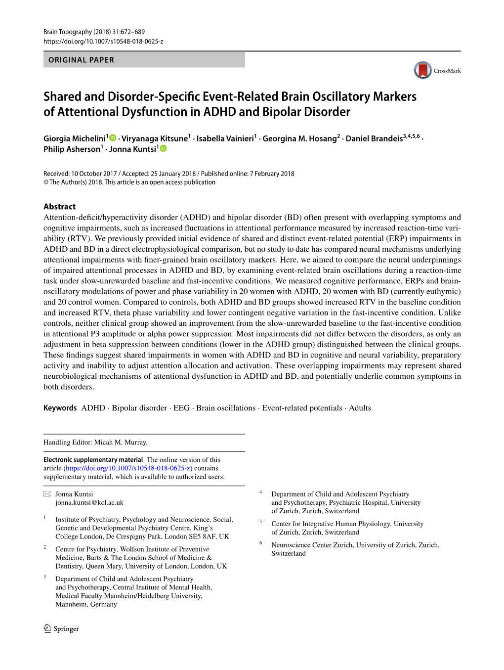 Shared and Disorder-Specific Event-Related Brain Oscillatory Markers of Attentional Dysfunction in ADHD and Bipolar Disorder
