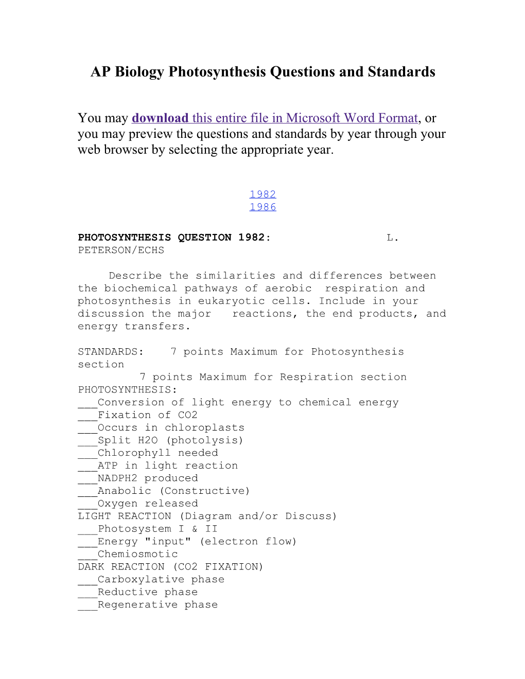 AP Biology Photosynthesis Questions and Standards