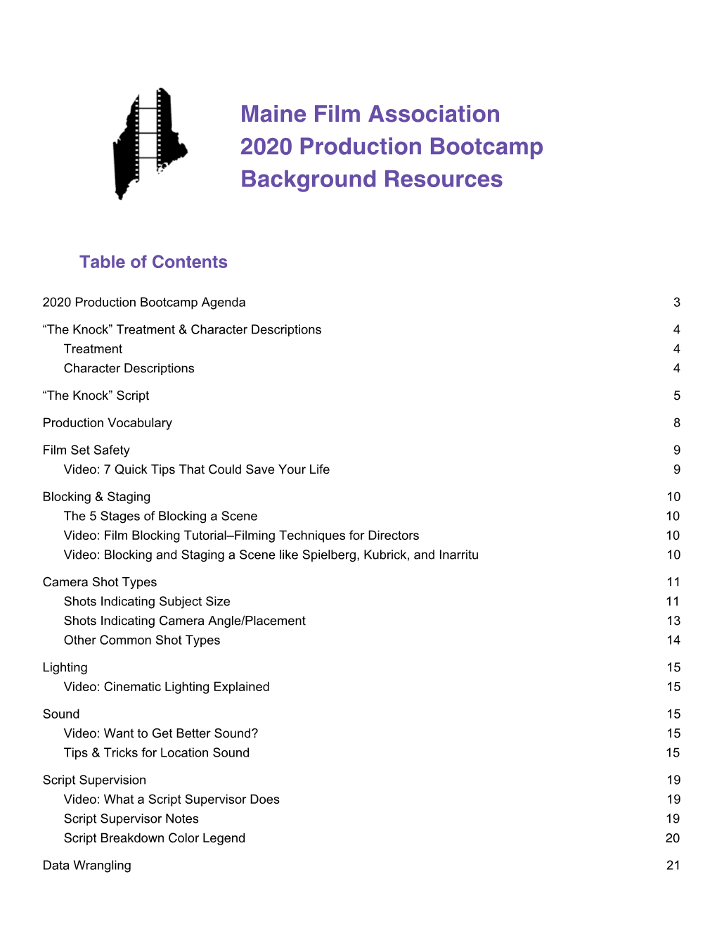 Maine Film Association 2020 Production Bootcamp Background Resources