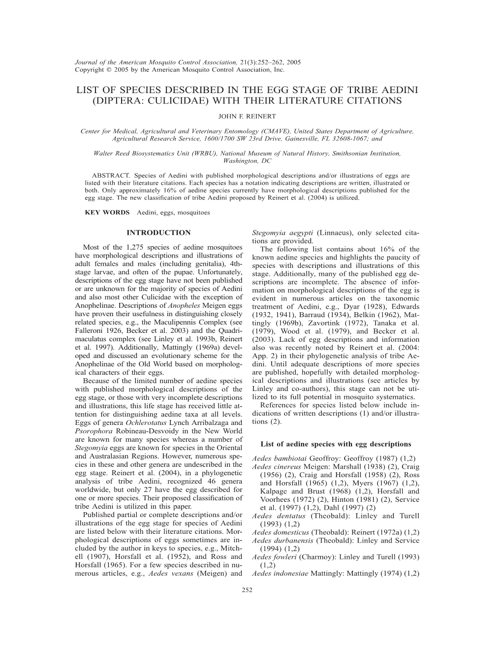 List of Species Described in the Egg Stage of Tribe Aedini (Diptera: Culicidae) with Their Literature Citations