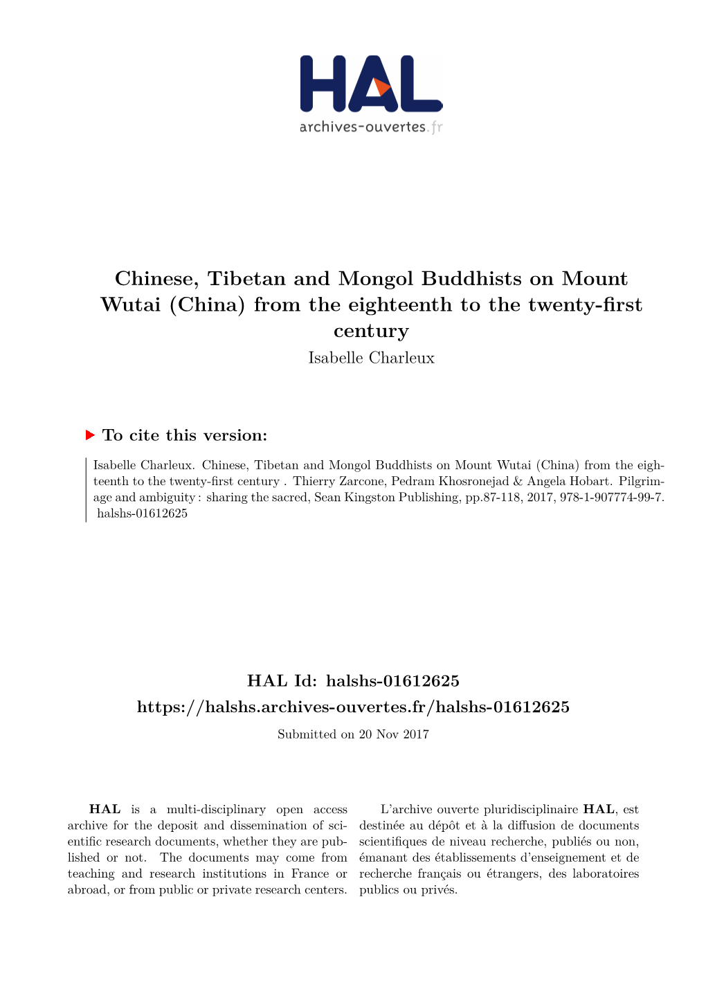 Chinese, Tibetan and Mongol Buddhists on Mount Wutai (China) from the Eighteenth to the Twenty-First Century Isabelle Charleux