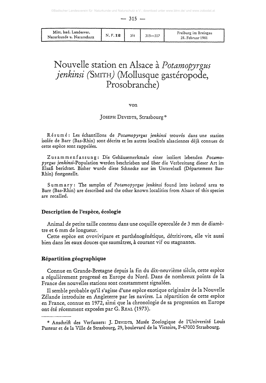 Nouvelle Station En Alsace Ä Potamopyrgus Jenkinsi (Smith) (Mollusque Gast&Opode Prosobranche)