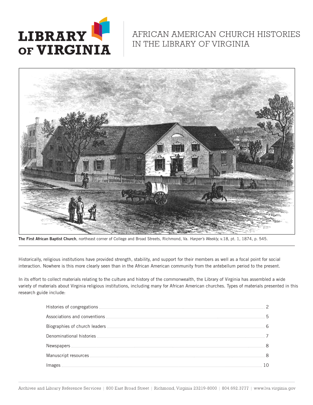 AFRICAN AMERICAN CHURCH HISTORIES in the LIBRARY of VIRGINIA African American Church Histories in the Library of Virginia