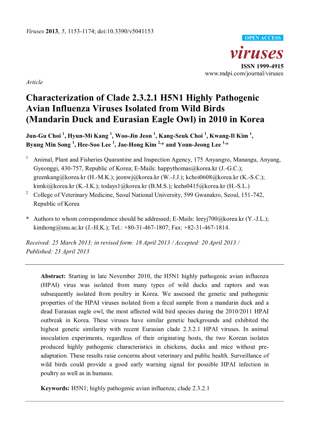 Characterization of Clade 2.3.2.1 H5N1 Highly Pathogenic Avian Influenza Viruses Isolated from Wild Birds (Mandarin Duck and Eurasian Eagle Owl) in 2010 in Korea