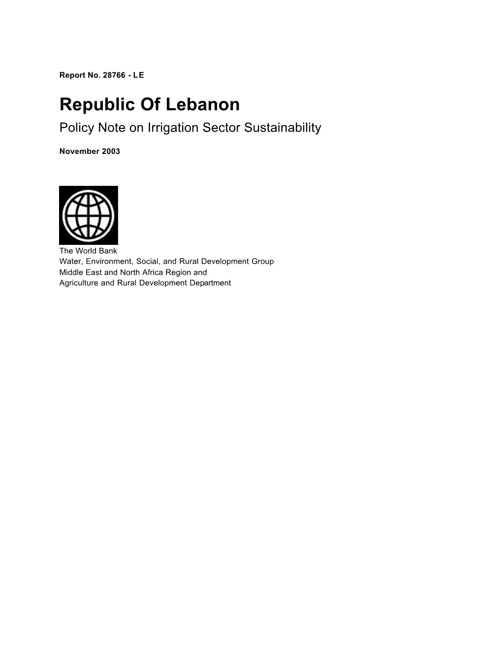 Republic of Lebanon Policy Note on Irrigation Sector Sustainability
