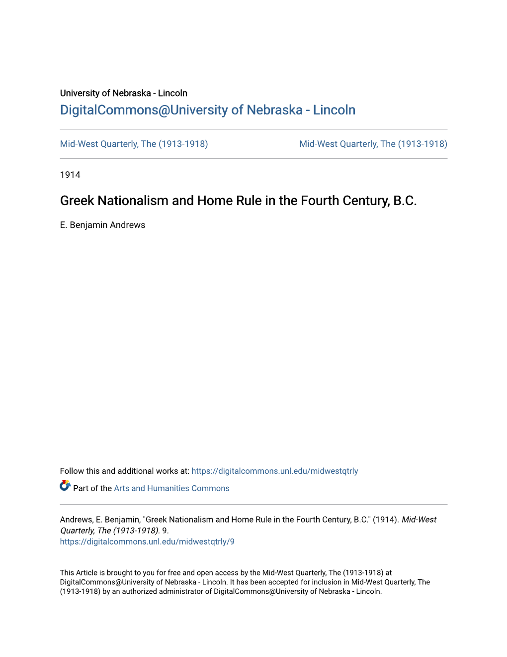 Greek Nationalism and Home Rule in the Fourth Century, B.C