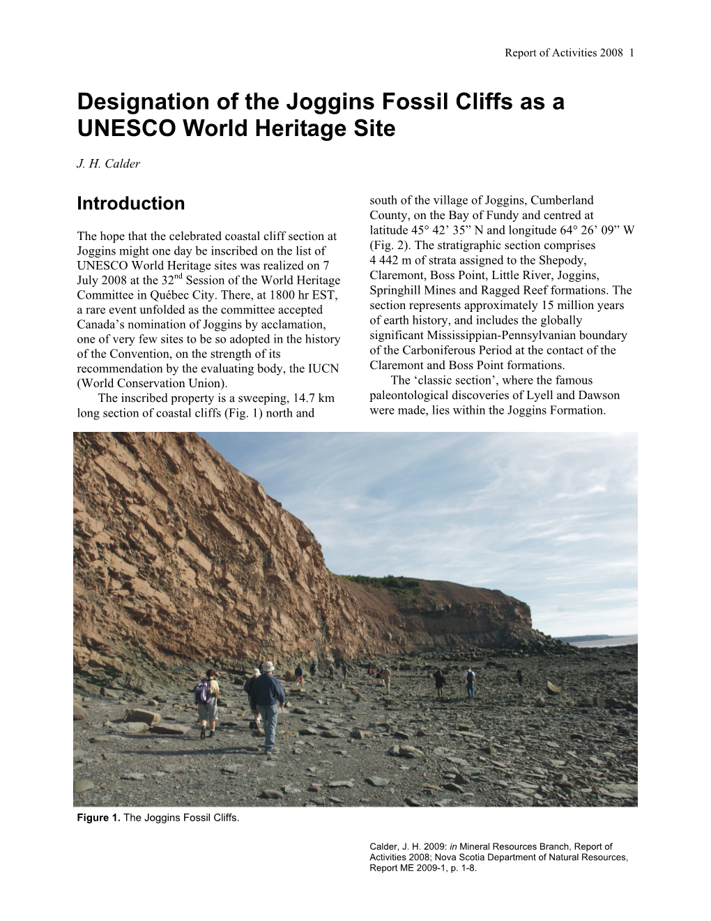 Designation of the Joggins Fossil Cliffs As a UNESCO World Heritage Site