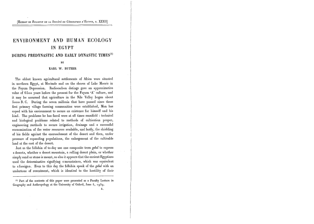 ENVIRONMENT and HUMAN ECOLOGY in EGYPT DURING PREDYNASTIC and EARLY DYNASTIC TIMES('L