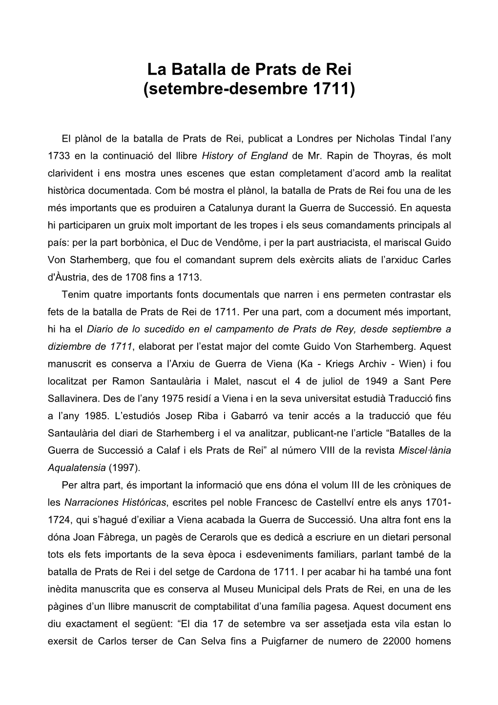 INFORME DE LA BATALLA DELS PRATS DE REI 1711 .Rtf