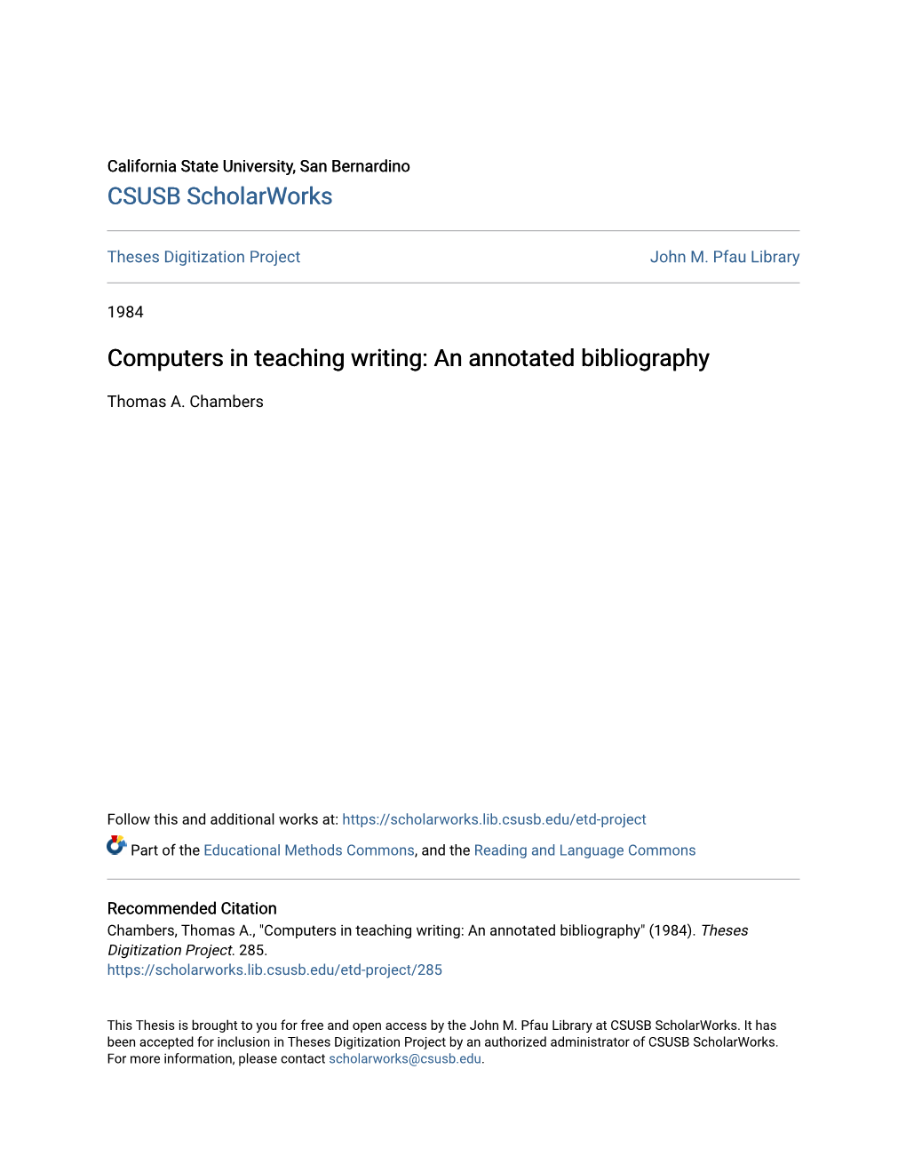 Computers in Teaching Writing: an Annotated Bibliography