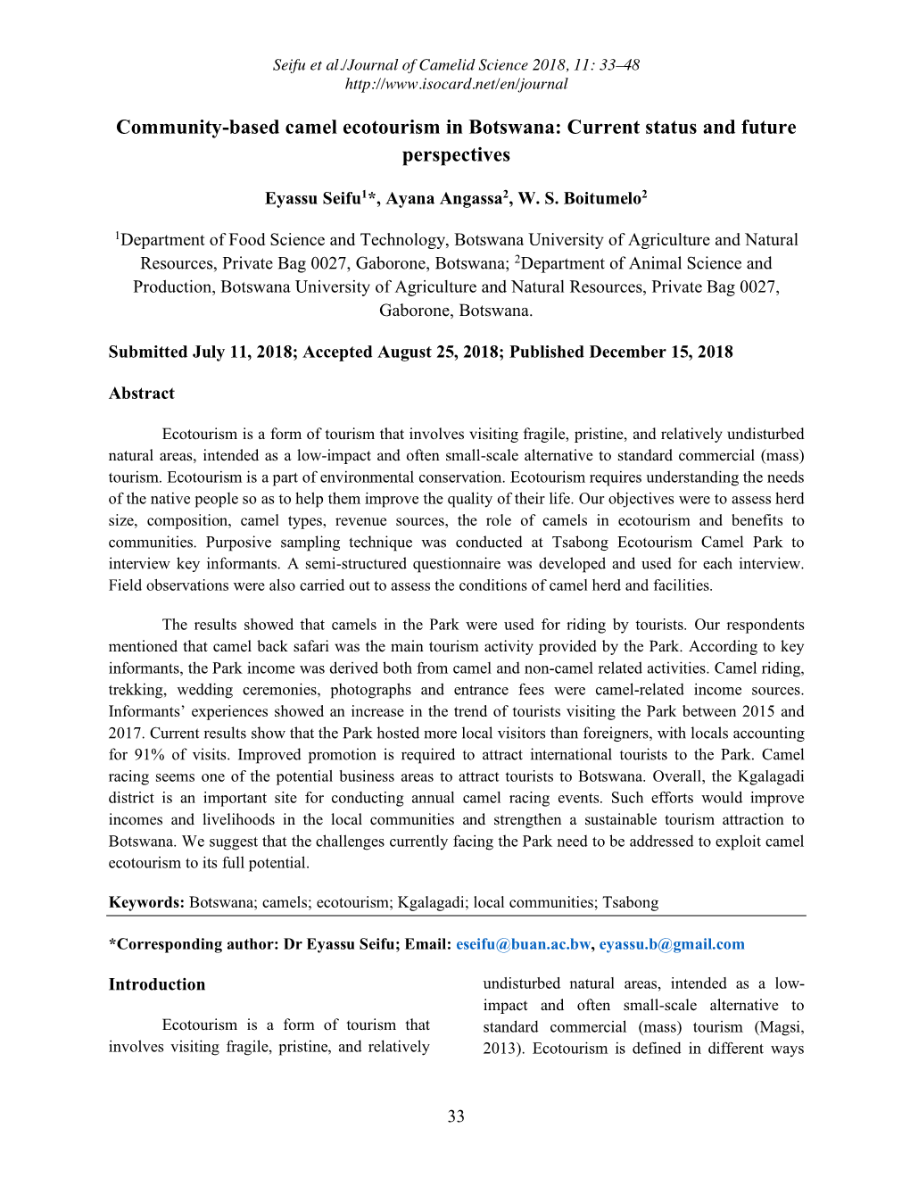 Community-Based Camel Ecotourism in Botswana: Current Status and Future Perspectives