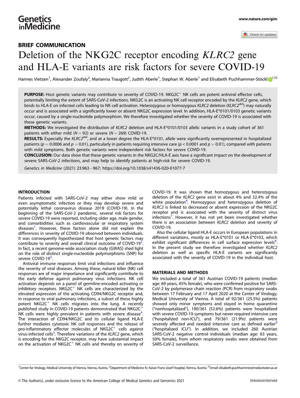Deletion of the NKG2C Receptor Encoding KLRC2 Gene and HLA-E