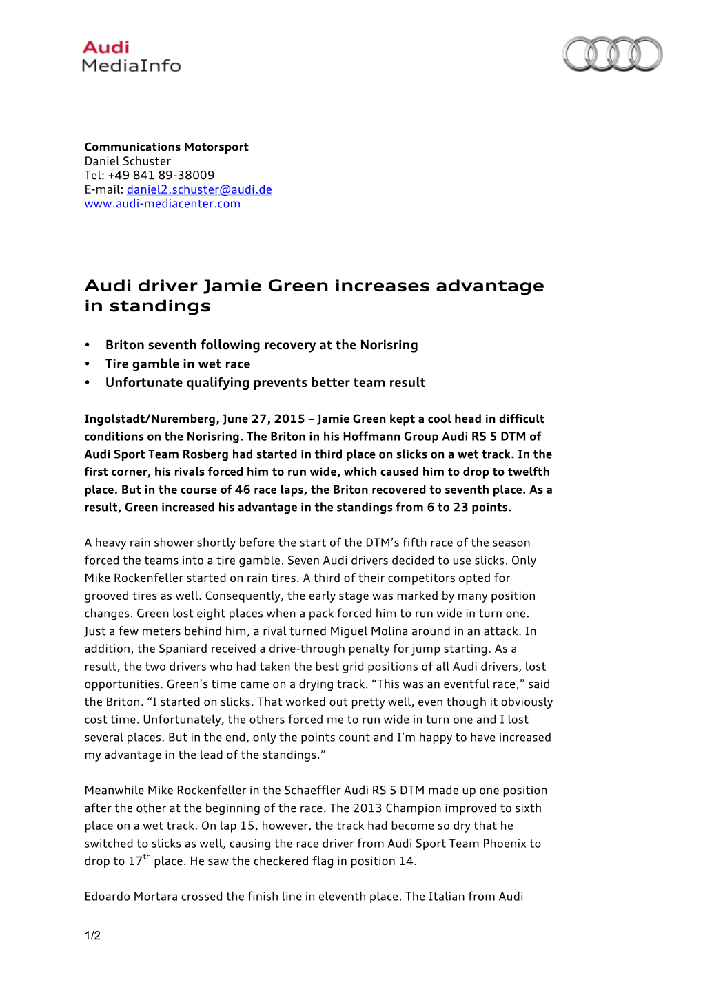Audi Driver Jamie Green Increases Advantage in Standings