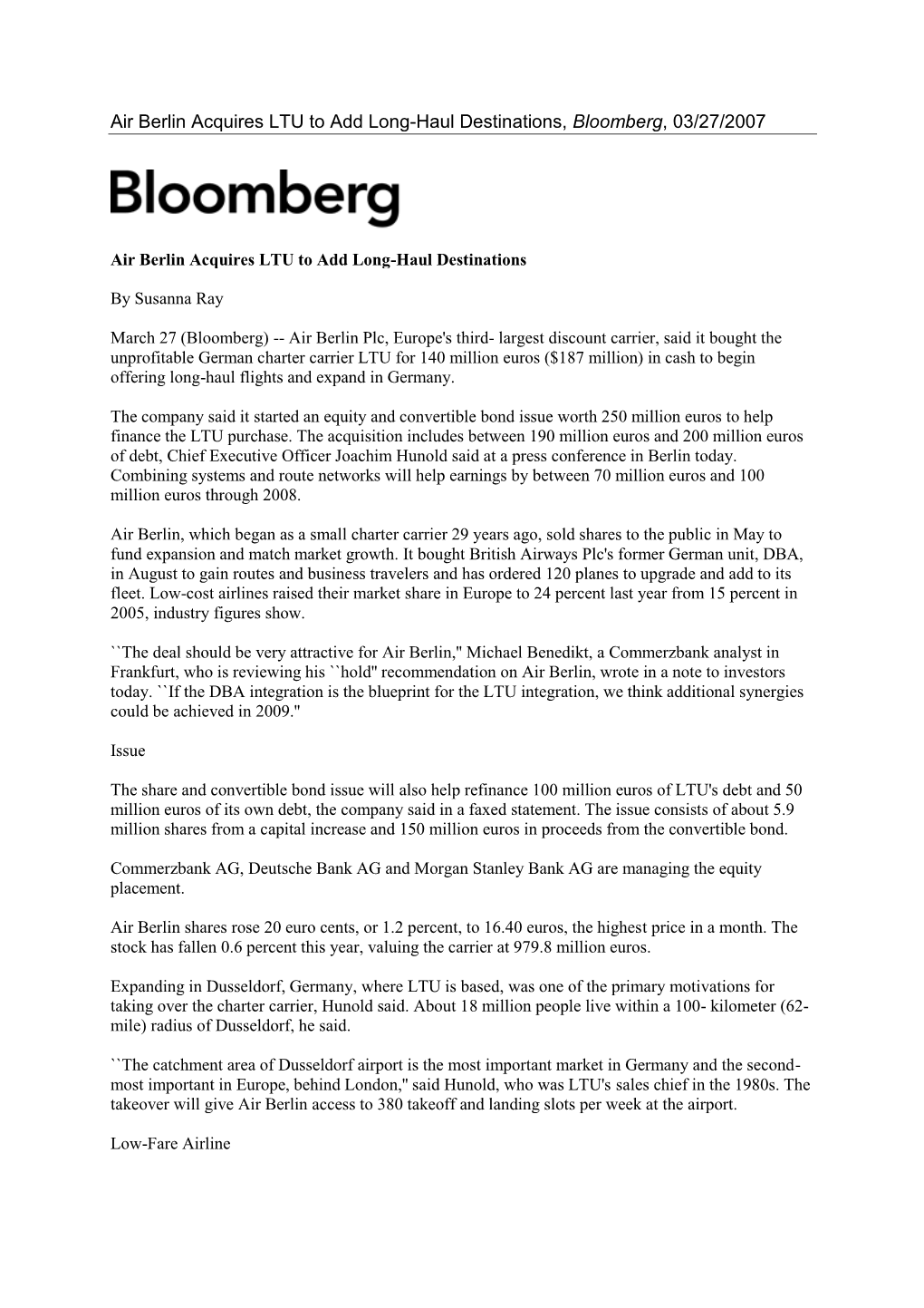 Air Berlin Acquires LTU to Add Long-Haul Destinations, Bloomberg, 03/27/2007