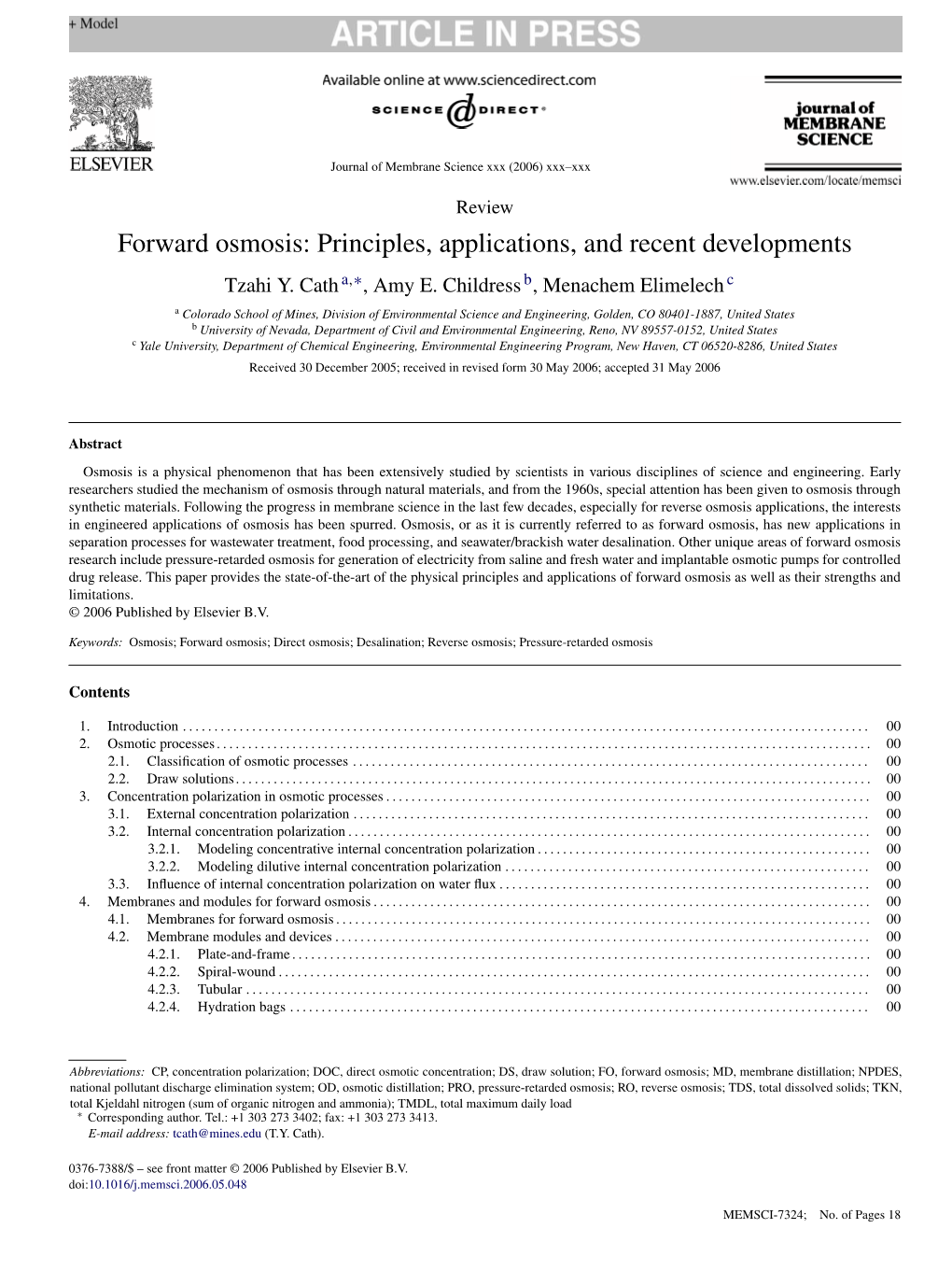 Forward Osmosis: Principles, Applications, and Recent Developments Tzahi Y