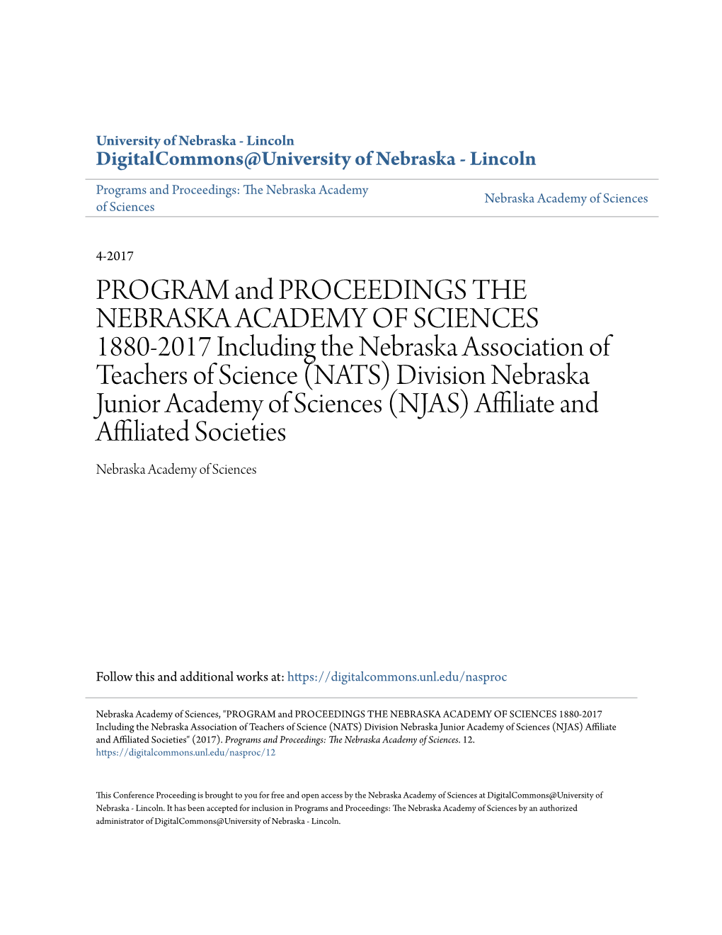 PROGRAM and PROCEEDINGS the NEBRASKA ACADEMY of SCIENCES 1880-2017