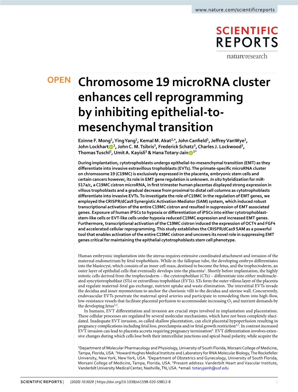 Chromosome 19 Microrna Cluster Enhances Cell Reprogramming by Inhibiting Epithelial-To- Mesenchymal Transition Ezinne F