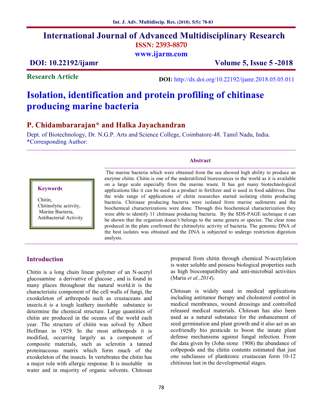 Isolation, Identification and Protein Profiling of Chitinase Producing Marine Bacteria