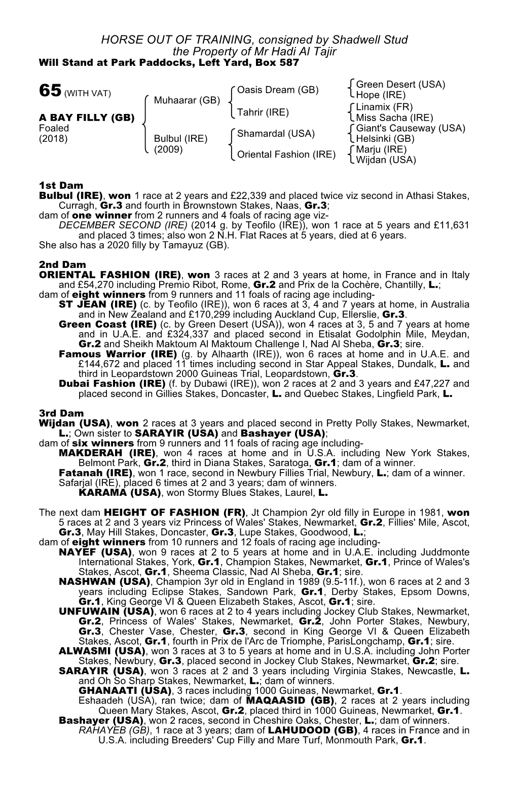HORSE out of TRAINING, Consigned by Shadwell Stud the Property of Mr Hadi Al Tajir Will Stand at Park Paddocks, Left Yard, Box 587