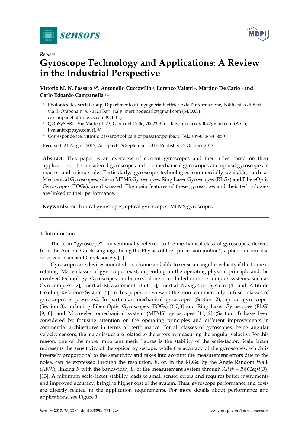 Gyroscope Technology and Applications: a Review in the Industrial Perspective