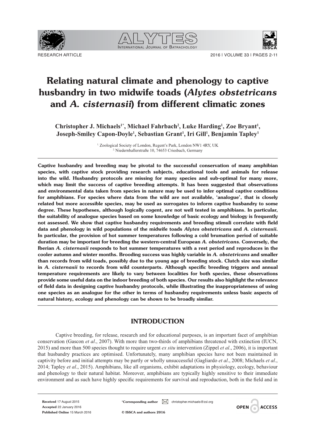 Relating Natural Climate and Phenology to Captive Husbandry in Two Midwife Toads (Alytes Obstetricans and A