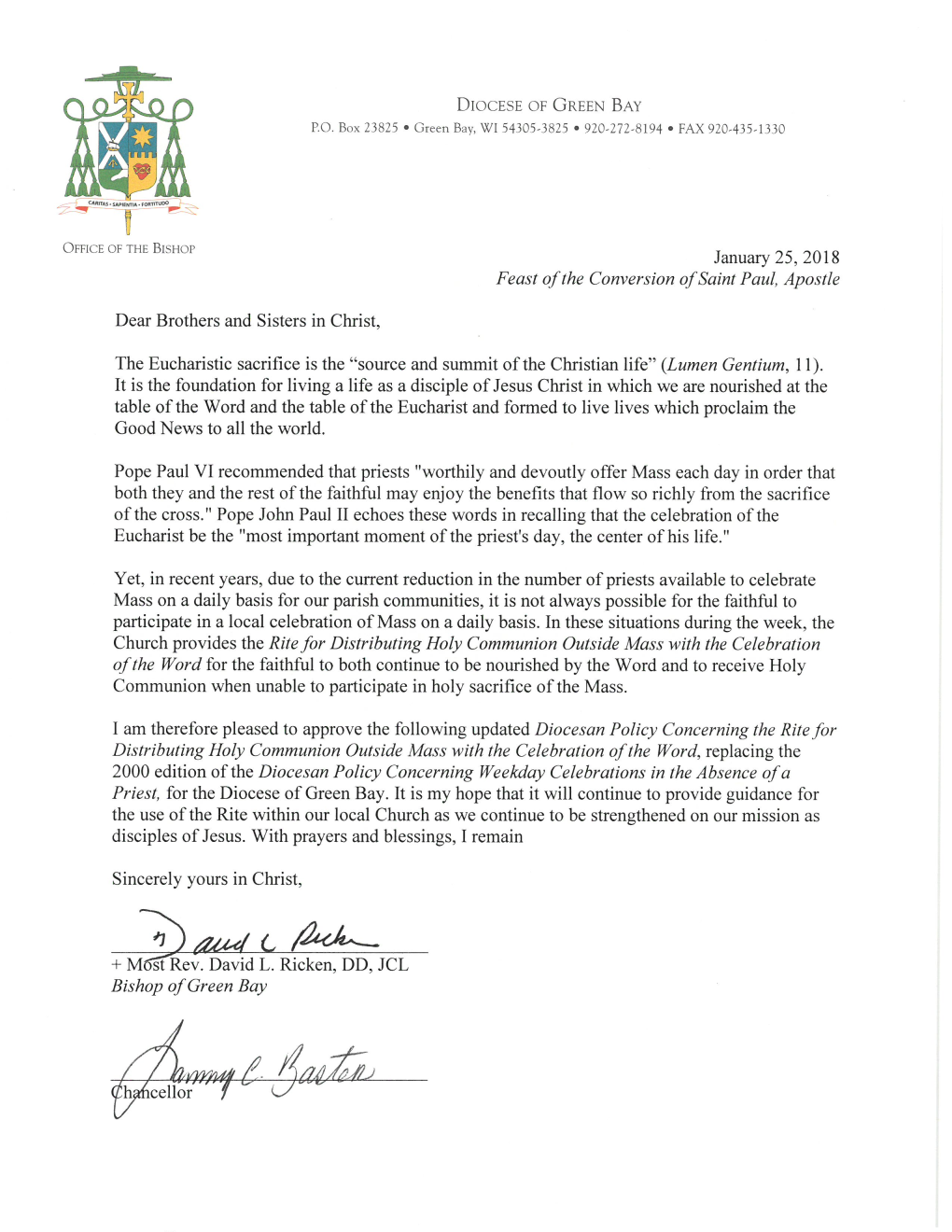 Diocesan Policy Concerning the Rite for Distributing Holy Communion Outside Mass with the Celebration of the Word