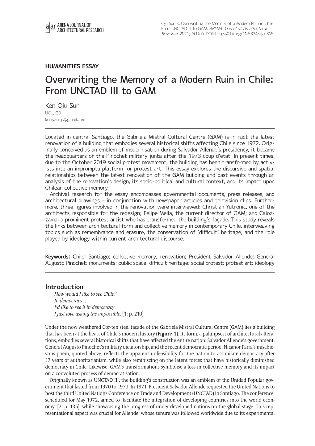 Overwriting the Memory of a Modern Ruin in Chile: from UNCTAD III to GAM