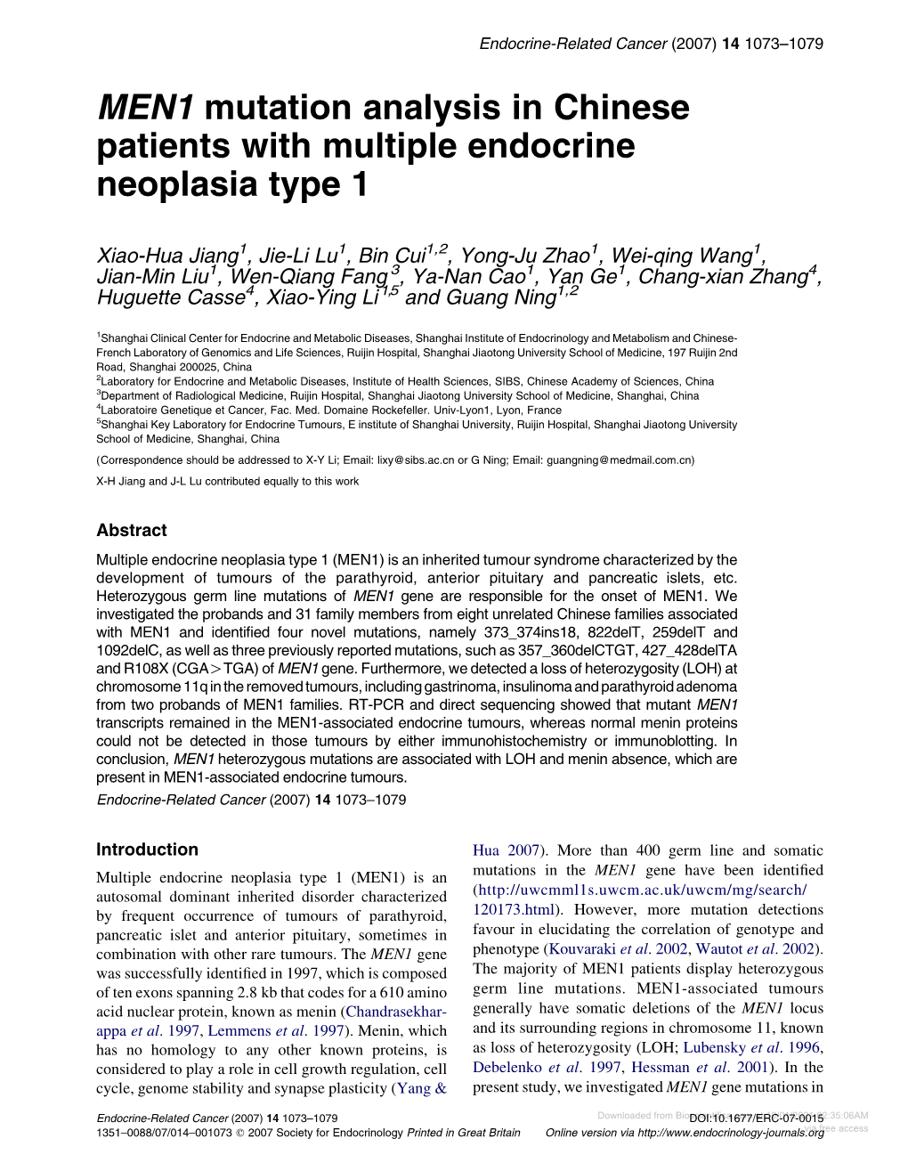 MEN1 Mutation Analysis in Chinese Patients with Multiple Endocrine Neoplasia Type 1