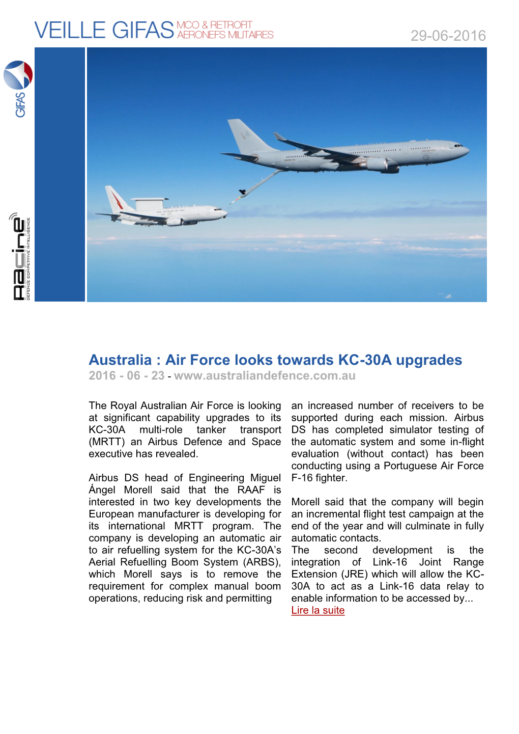 29-06-2016 Australia : Air Force Looks Towards KC-30A Upgrades