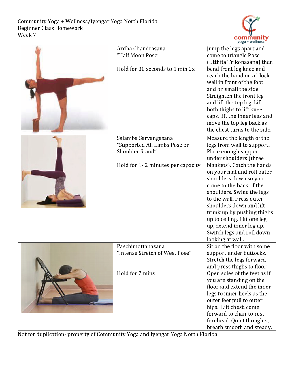 Community Yoga + Wellness/Iyengar Yoga North Florida Beginner Class Homework Week 7