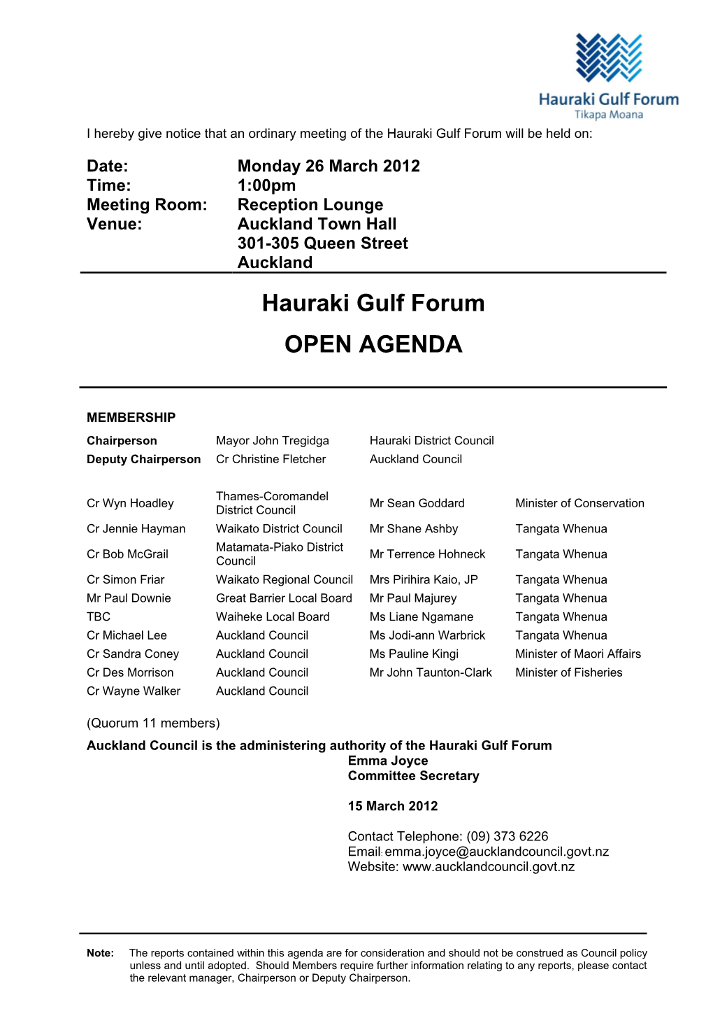 Hauraki Gulf Forum Agenda