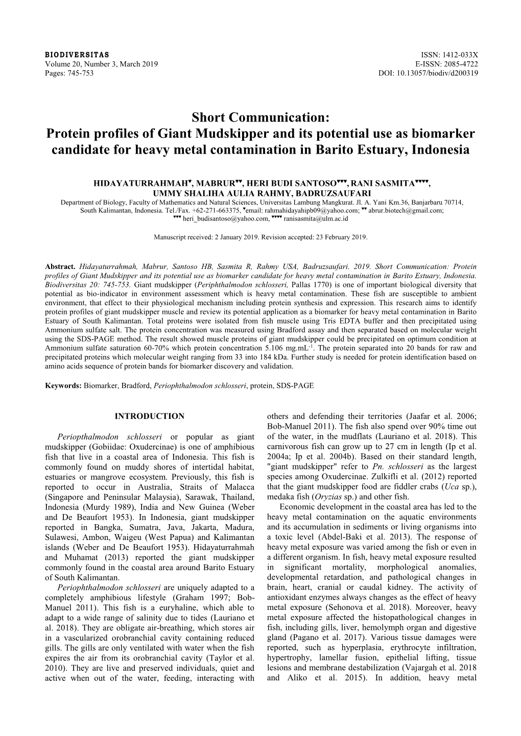 Protein Profiles of Giant Mudskipper and Its Potential Use As Biomarker Candidate for Heavy Metal Contamination in Barito Estuary, Indonesia