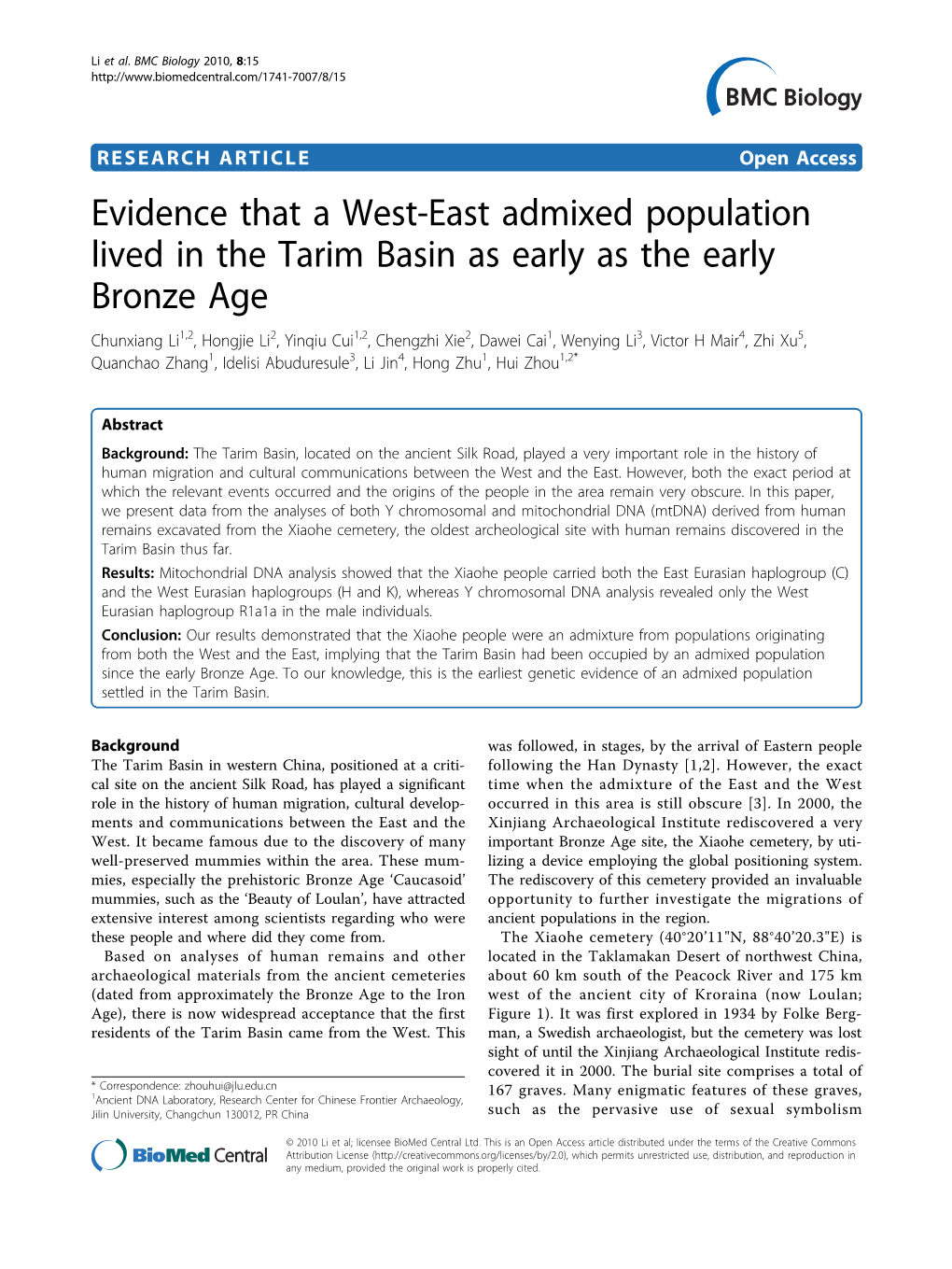 Evidence That a West-East Admixed Population Lived in the Tarim Basin