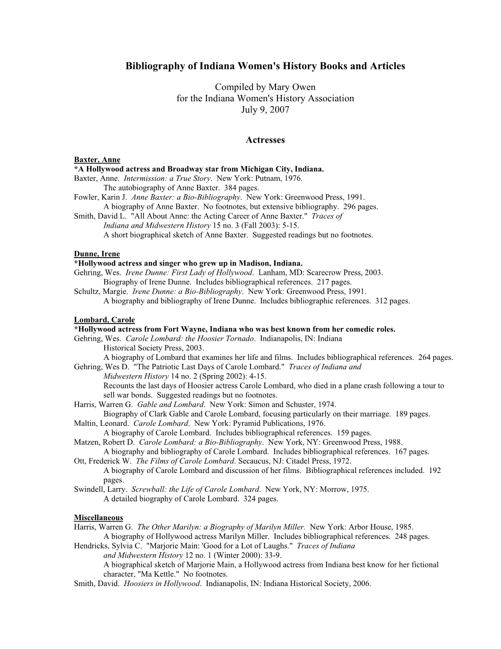 Bibliography of Indiana Women's History Books and Articles