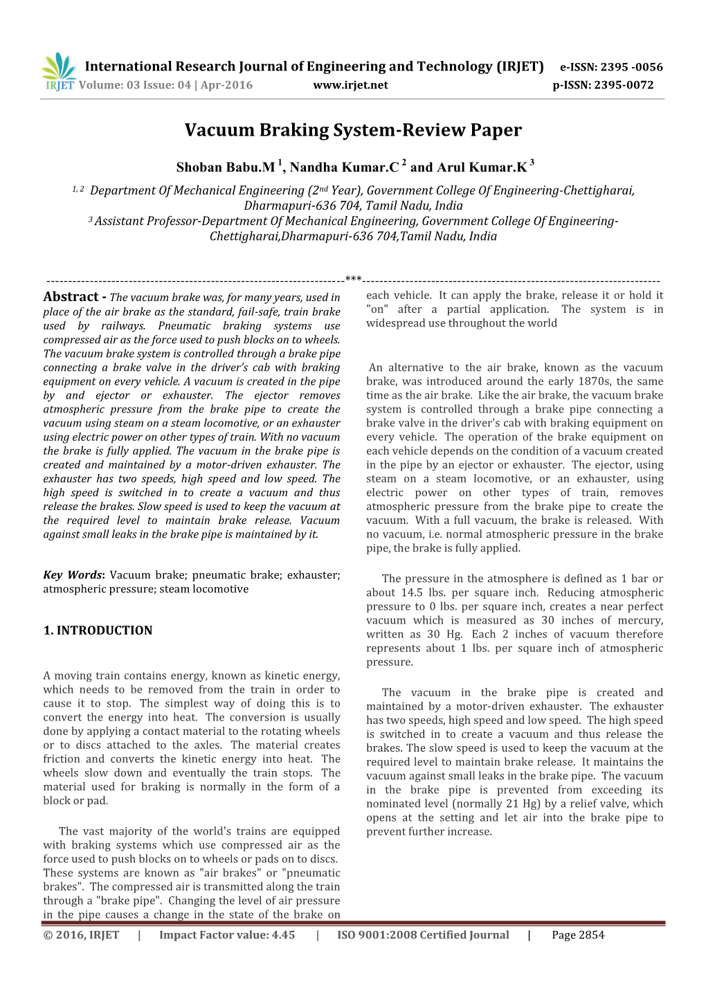 Vacuum Braking System-Review Paper