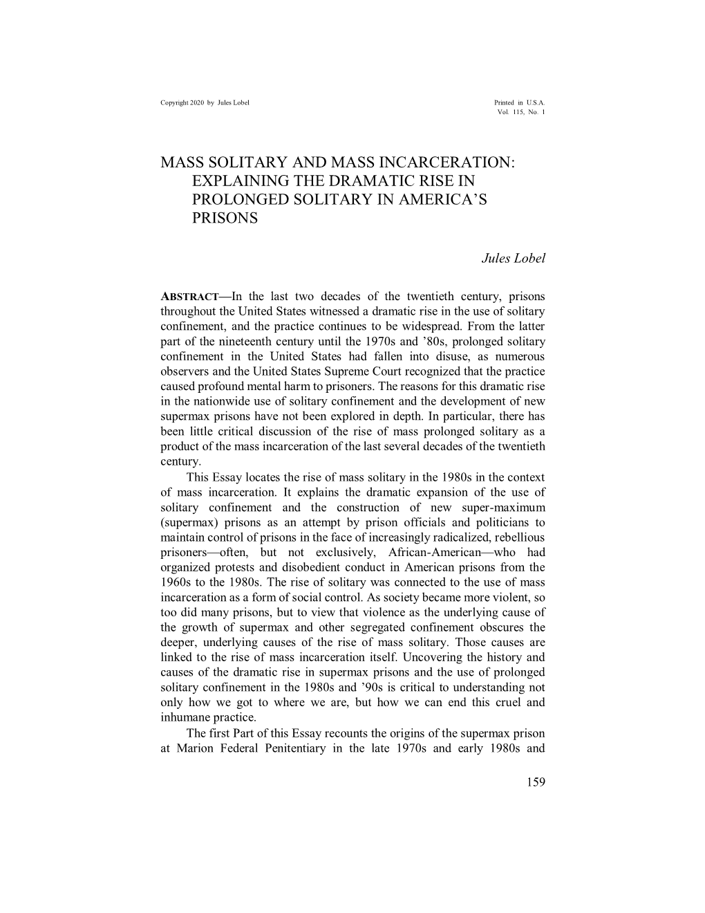 Mass Solitary and Mass Incarceration: Explaining the Dramatic Rise in Prolonged Solitary in America’S Prisons