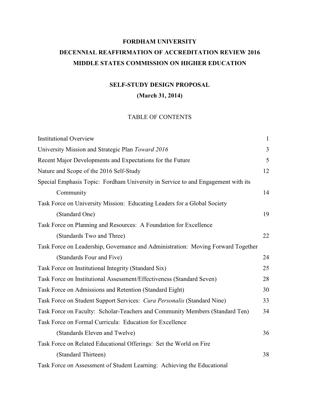 Fordham University Decennial Reaffirmation of Accreditation Review 2016 Middle States Commission on Higher Education