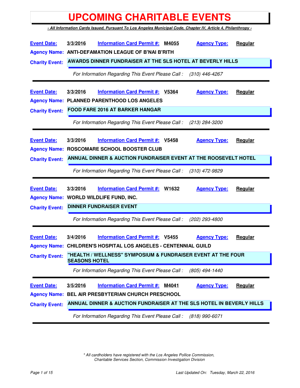 UPCOMING CHARITABLE EVENTS - All Information Cards Issued, Pursuant to Los Angeles Municipal Code, Chapter IV, Article 4, Philanthropy