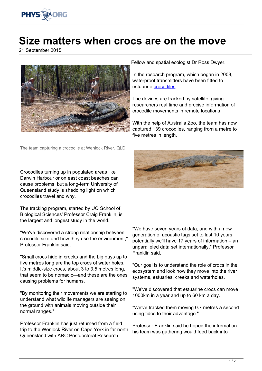 Size Matters When Crocs Are on the Move 21 September 2015