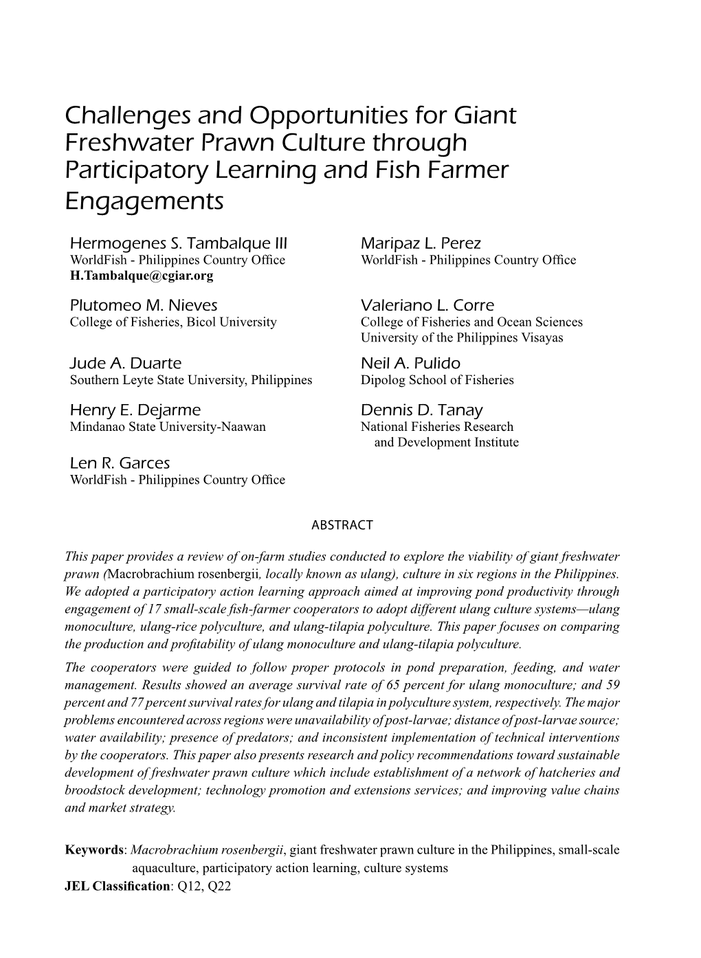 Challenges and Opportunities for Giant Freshwater Prawn Culture Through Participatory Learning and Fish Farmer Engagements