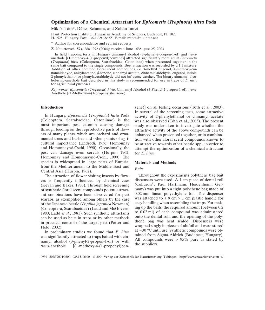 Optimization of a Chemical Attractant for Epicometis (Tropinota) Hirta Poda